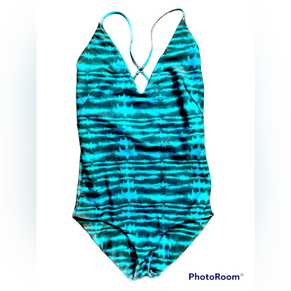 Mikoh Swimwear Las Palmas One Piece Bodysuit Cross Back Teal Striped Small NWOT
